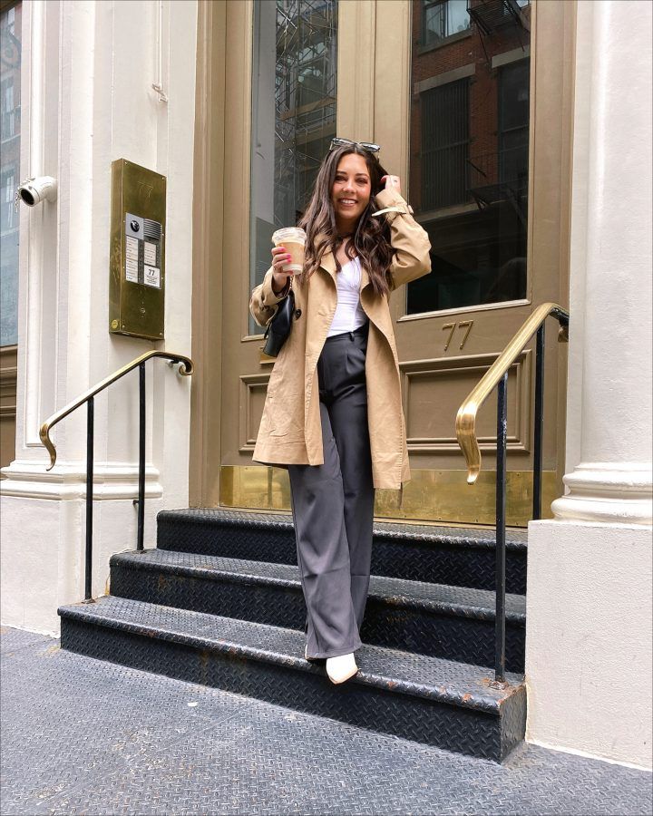 Beige Trench Coat with Tank Top and Grey Trousers — Beige Spring Outfits 2027