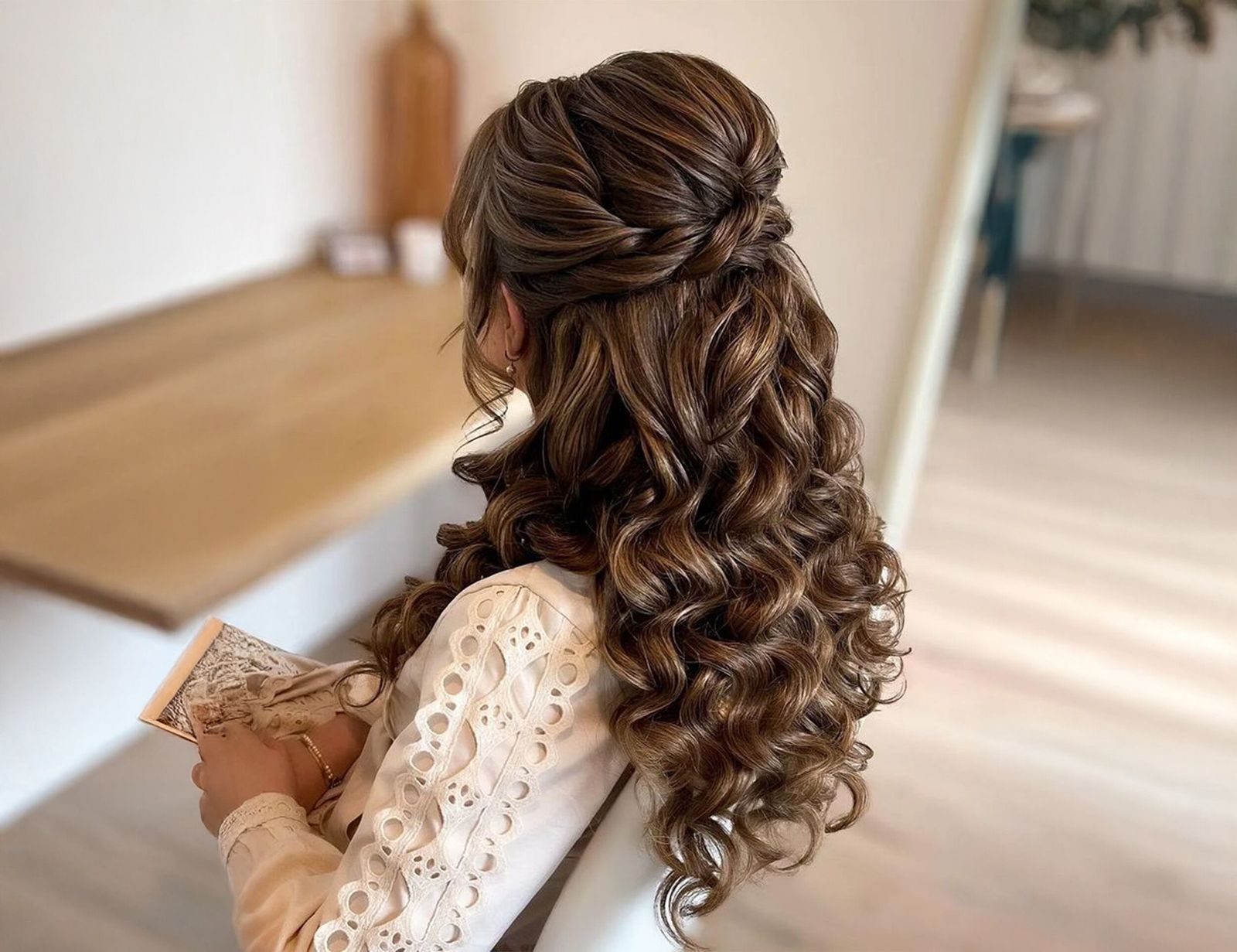 Medium Brown Half-Up With Twisted Details Medium Brown Half-Up With Twisted Details — Engagement Party Hairstyles 2027