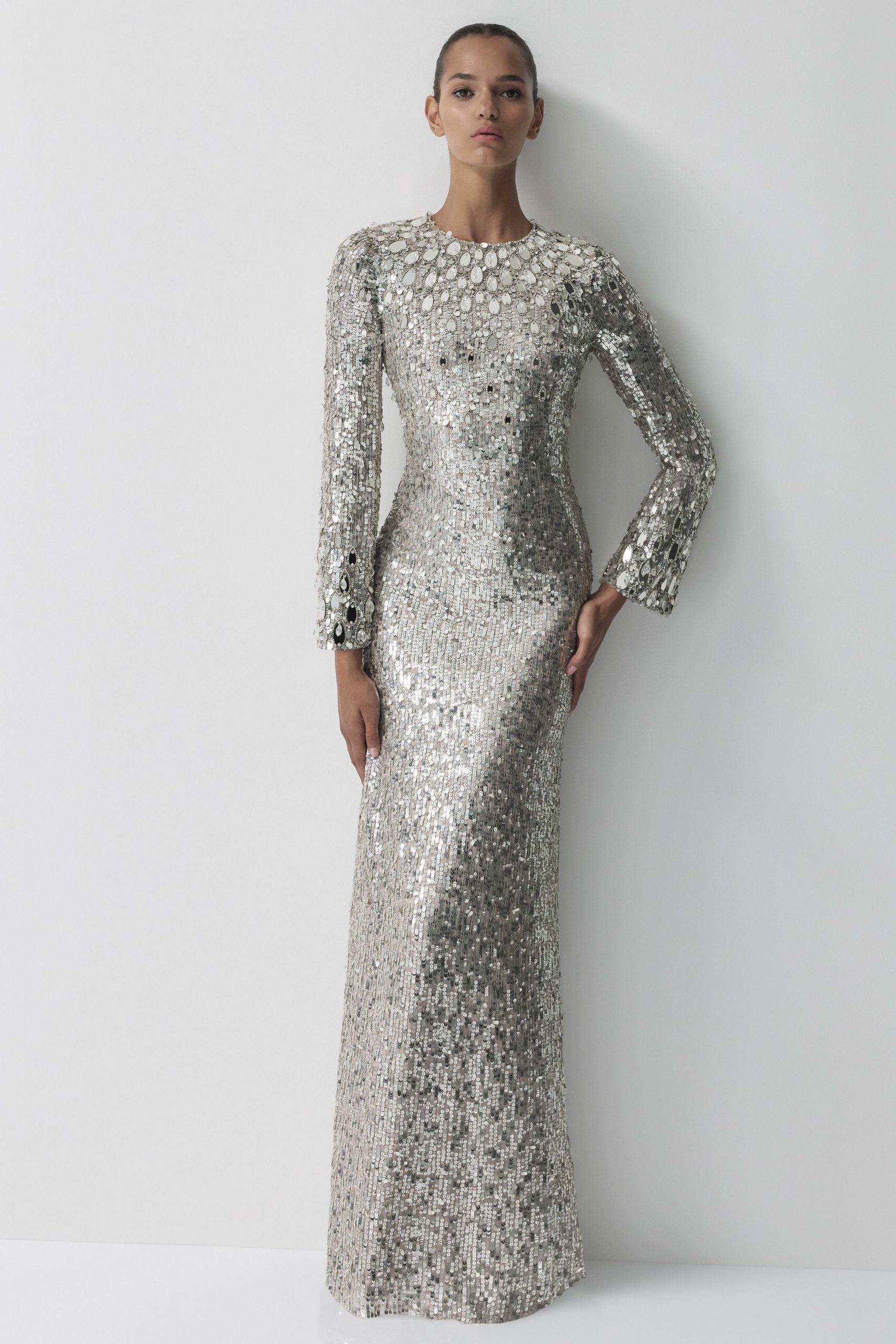 V-Neck Silver Sequin Maxi Dress — Silver Dress Outfits 2027