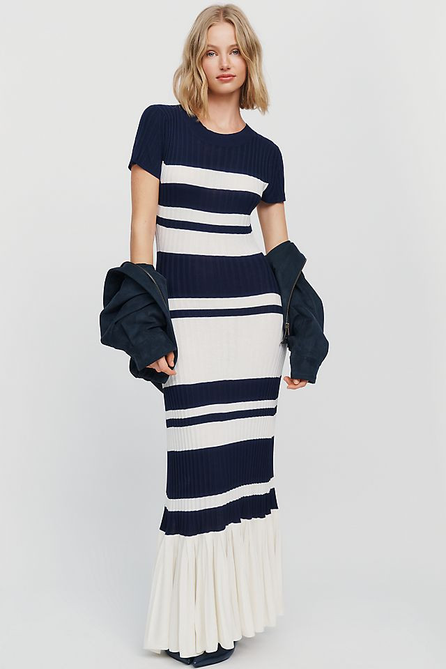 Striped Knit Midi Dress with Contrasting Pleated Ruffle Hem Striped Knit Midi Dress with Contrasting Pleated Ruffle Hem — Ruffle Hem Dress 2027