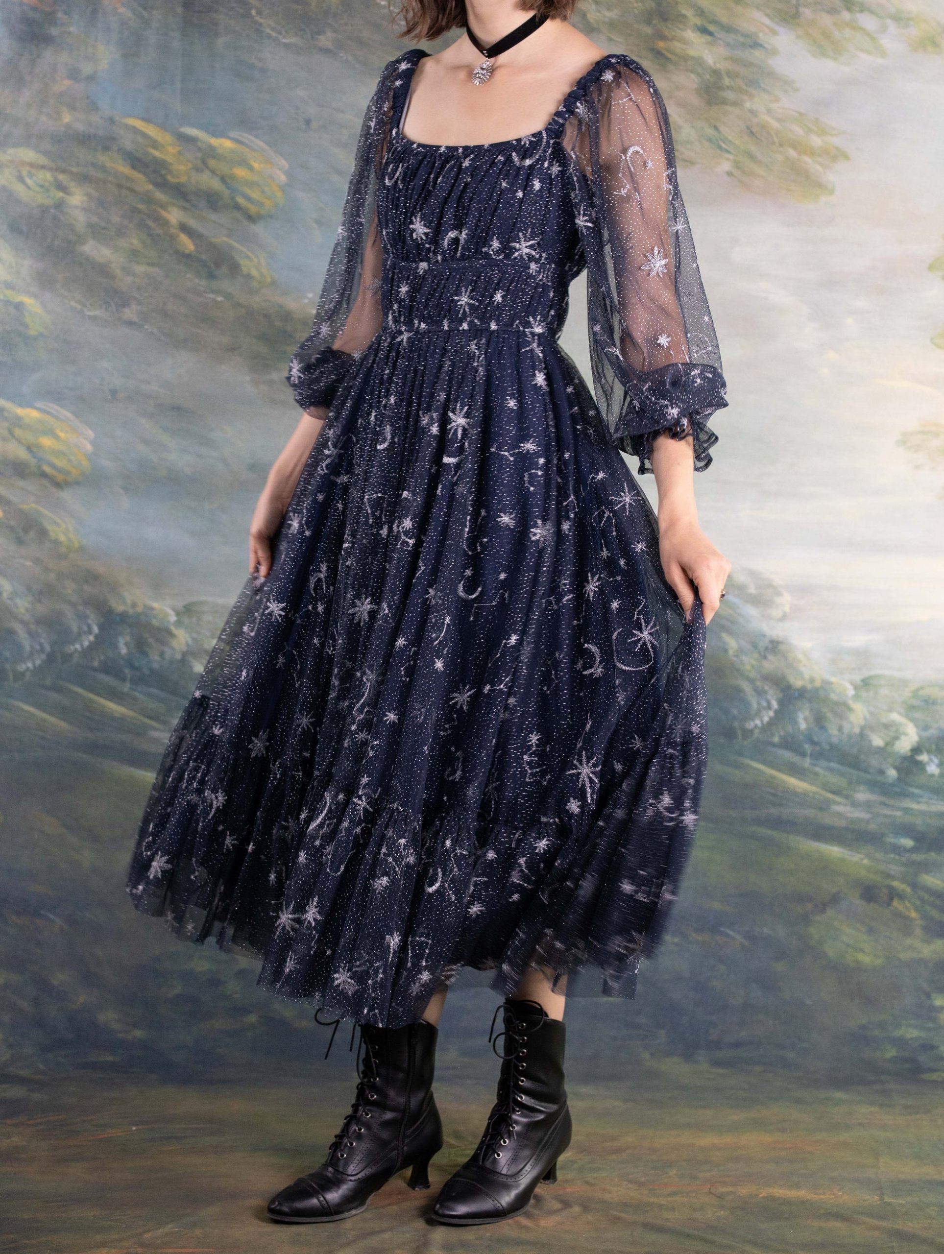 Navy Celestial Print Tulle Milkmaid Dress with Lace-Up Boots Navy Celestial Print Tulle Milkmaid Dress with Lace-Up Boots — Milkmaid Dresses 2027