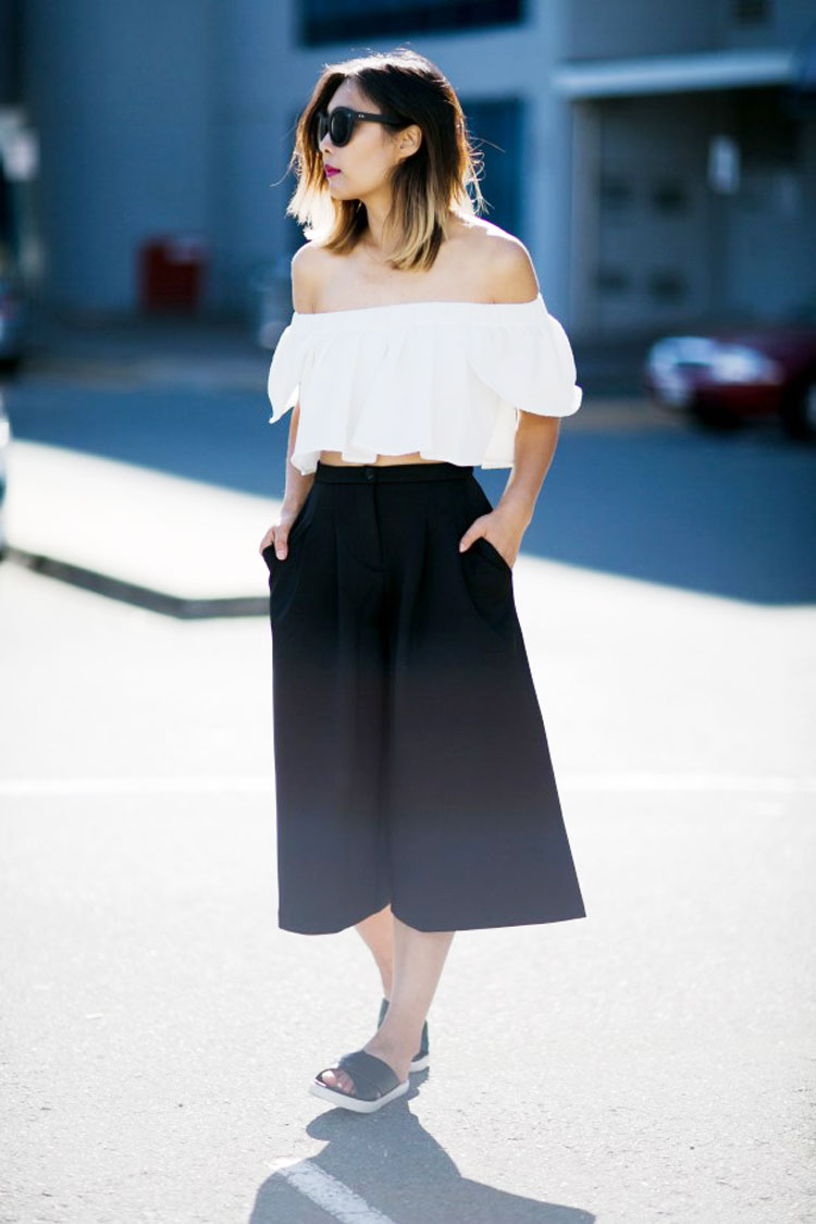 White Off-Shoulder Crop Top with Black Wide-Leg Culottes — Off the Shoulder Top Outfits 2027