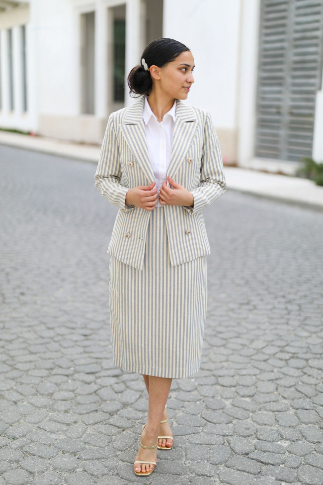 Striped Double-Breasted Blazer and Pencil Skirt for Tailored Hosting Striped Double-Breasted Blazer and Pencil Skirt for Tailored Hosting — Hostess Outfits 2027