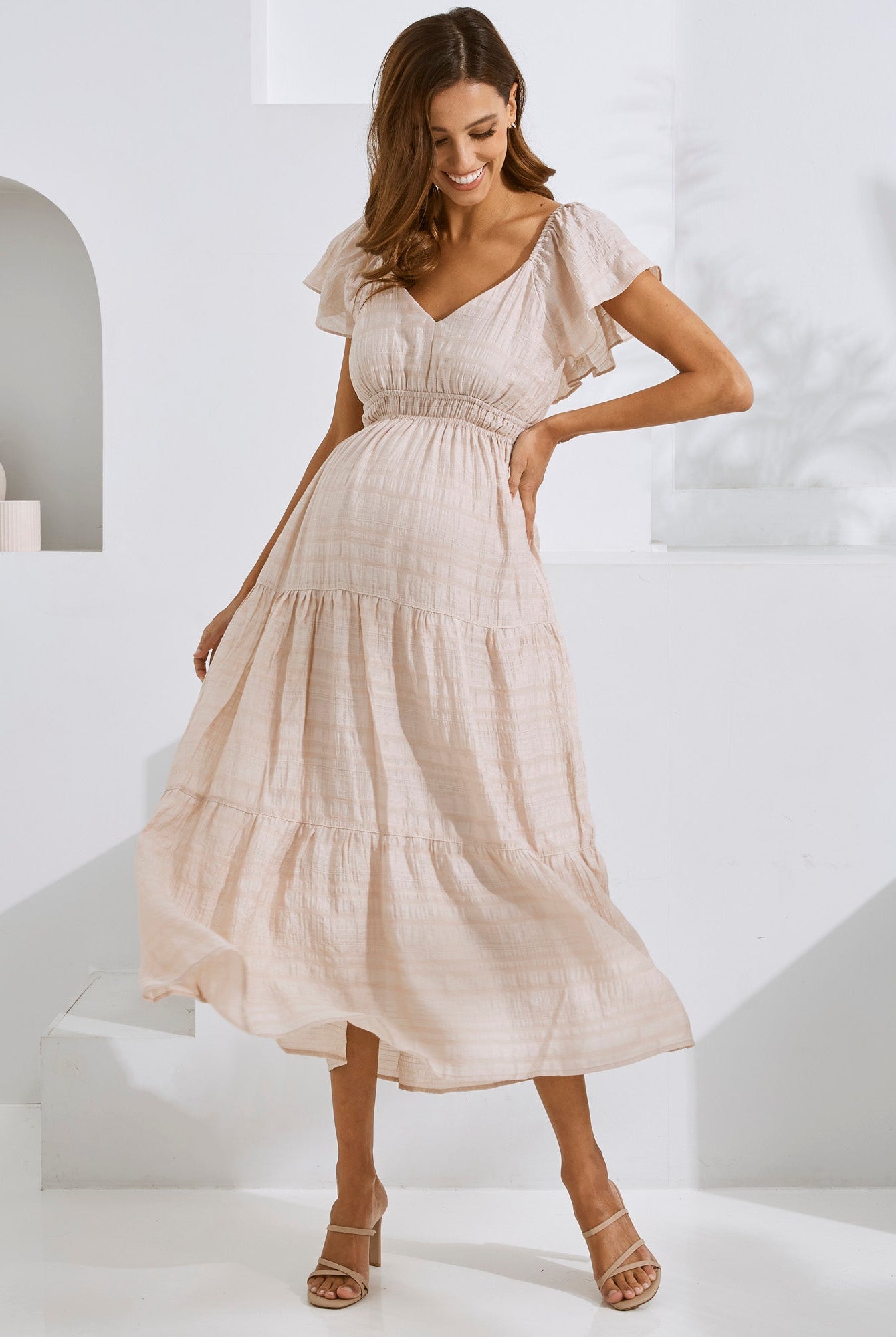 Pale Beige Gauzy Tiered Midi Dress with Flutter Sleeves Pale Beige Gauzy Tiered Midi Dress with Flutter Sleeves — Summer Baby Shower Outfits 2027