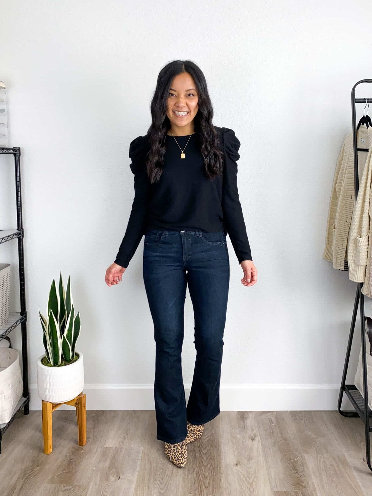 Dark Wash Bootcut Jeans with Puff-Sleeve Top — Work Bootcut Jeans Outfits 2027