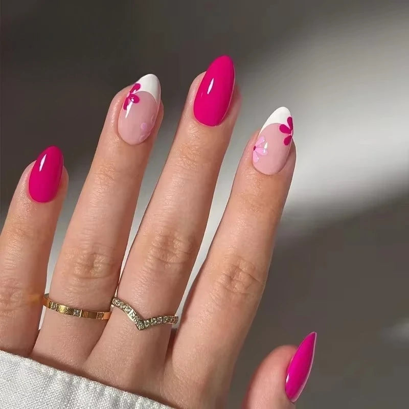 Bright Pink French with Floral Decals Bright Pink French with Floral Decals — Pink Rave Nails 2027