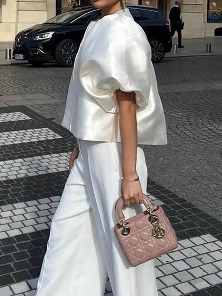 Monochromatic White Oversized Puff Sleeve Top and Wide-Leg Trousers Monochromatic White Oversized Puff Sleeve Top and Wide-Leg Trousers — Puff Sleeve Blouse Outfits 2027