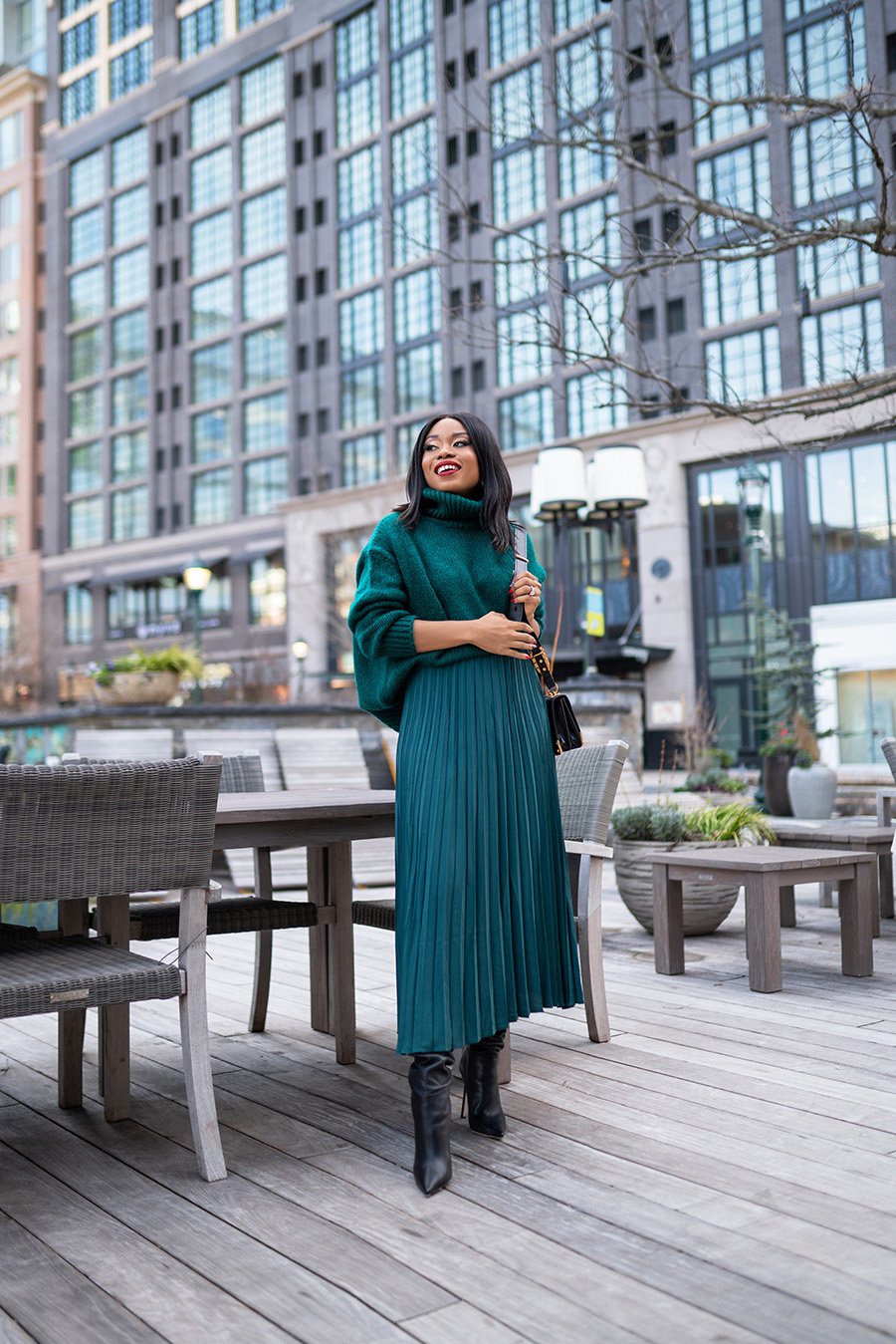 Teal Turtleneck and Matching Pleated Midi Skirt — Pleated Skirt Outfits 2027