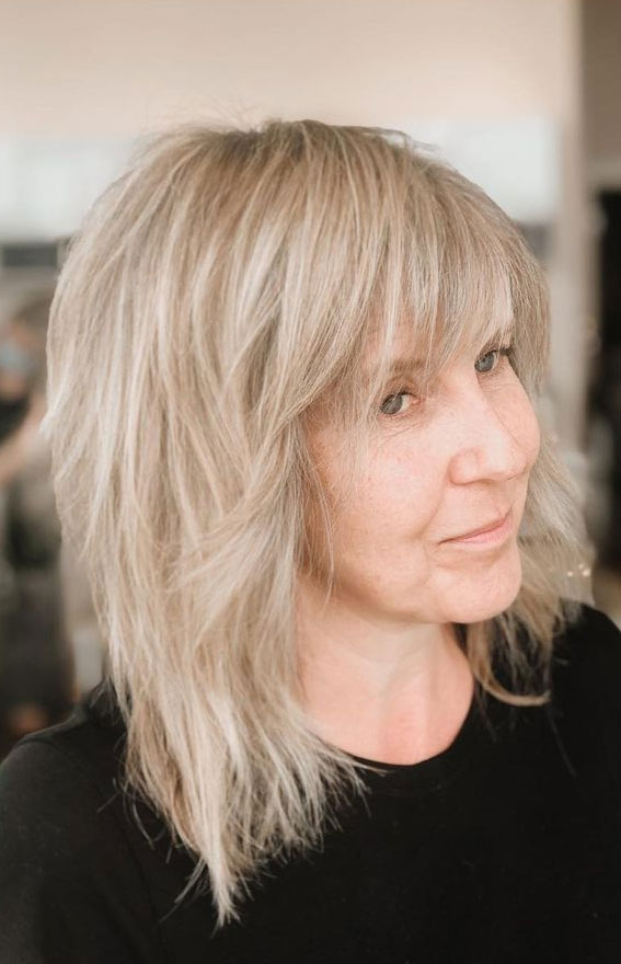Shoulder Ash Blonde Shag With Blunt Bangs Shoulder Ash Blonde Shag With Blunt Bangs — Bangs 2027 for Women Over 50