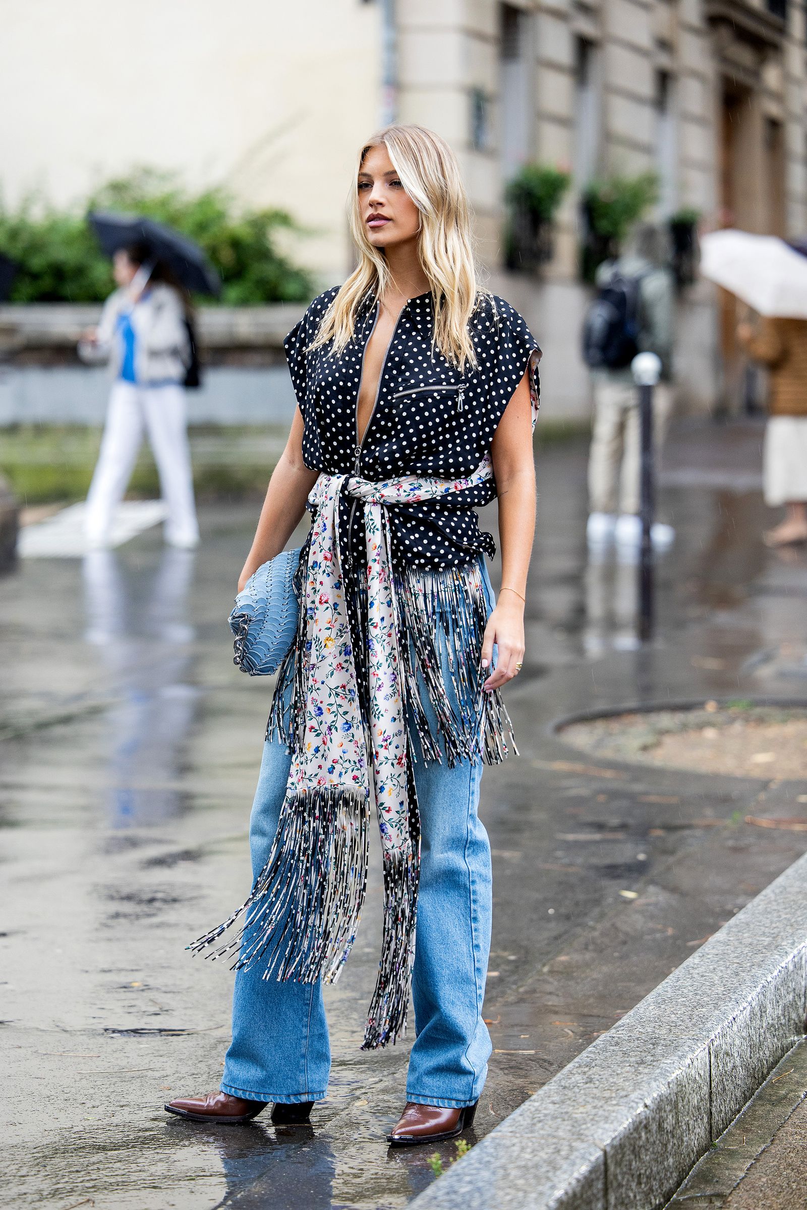 Boho Flair: Bootcut Jeans with Polka Dot Top and Floral Scarf — Bootcut Jeans Outfits 2027 with Sandals