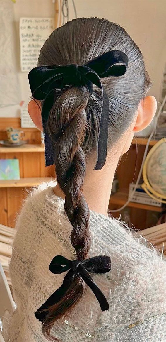 Thick Dark Brown Braid With Velvet Bows — Balletcore Ribbon Hairstyles 2027