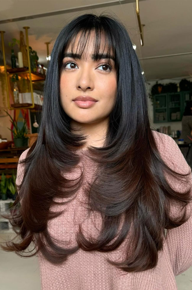 Feathered Layers With Wispy Bangs Feathered Layers With Wispy Bangs — Black Bangs 2027