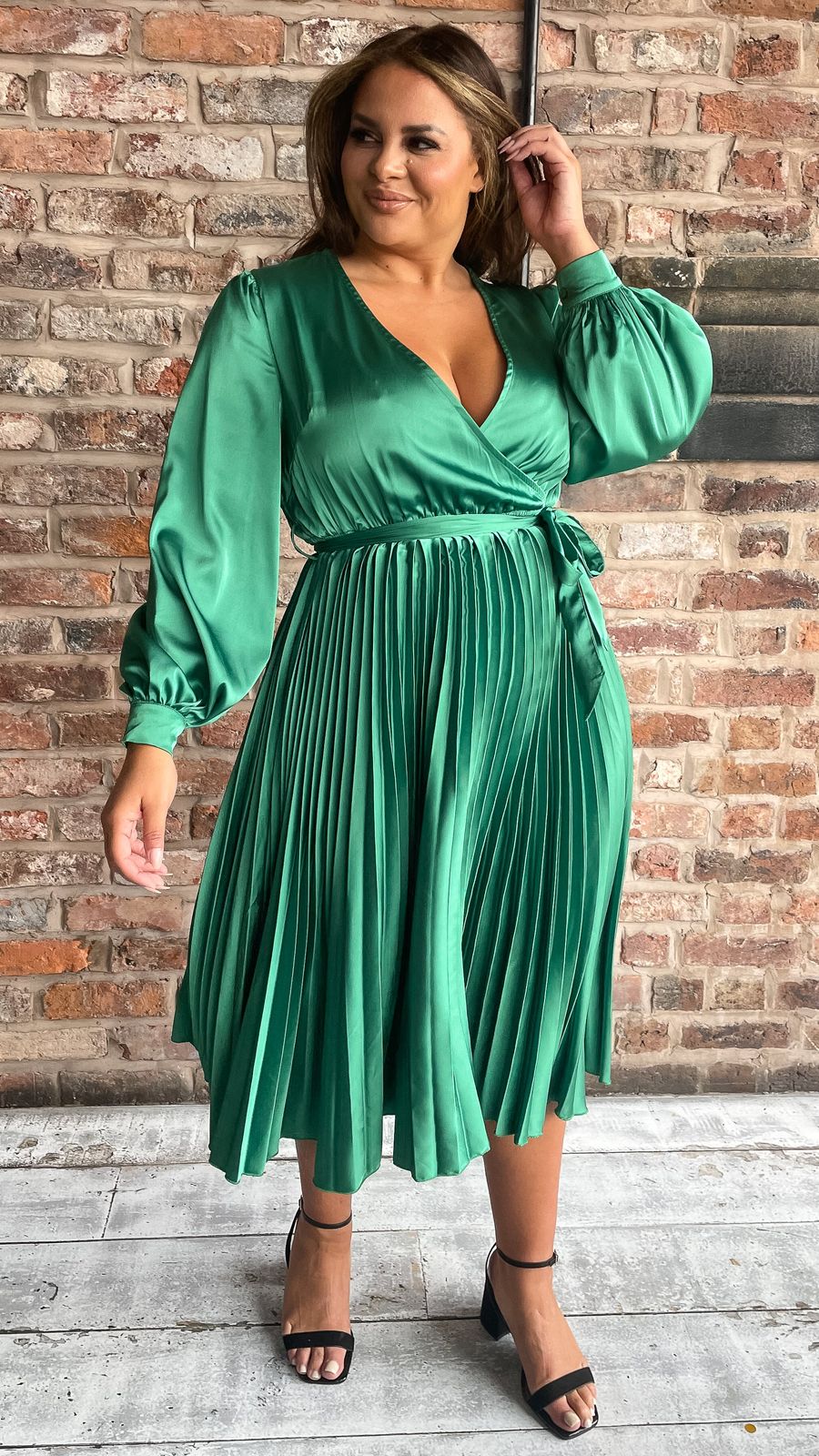 Emerald Green Satin Midi Dress with Pleated Skirt Emerald Green Satin Midi Dress with Pleated Skirt — Midi Dresses 2027 for Nursing Moms