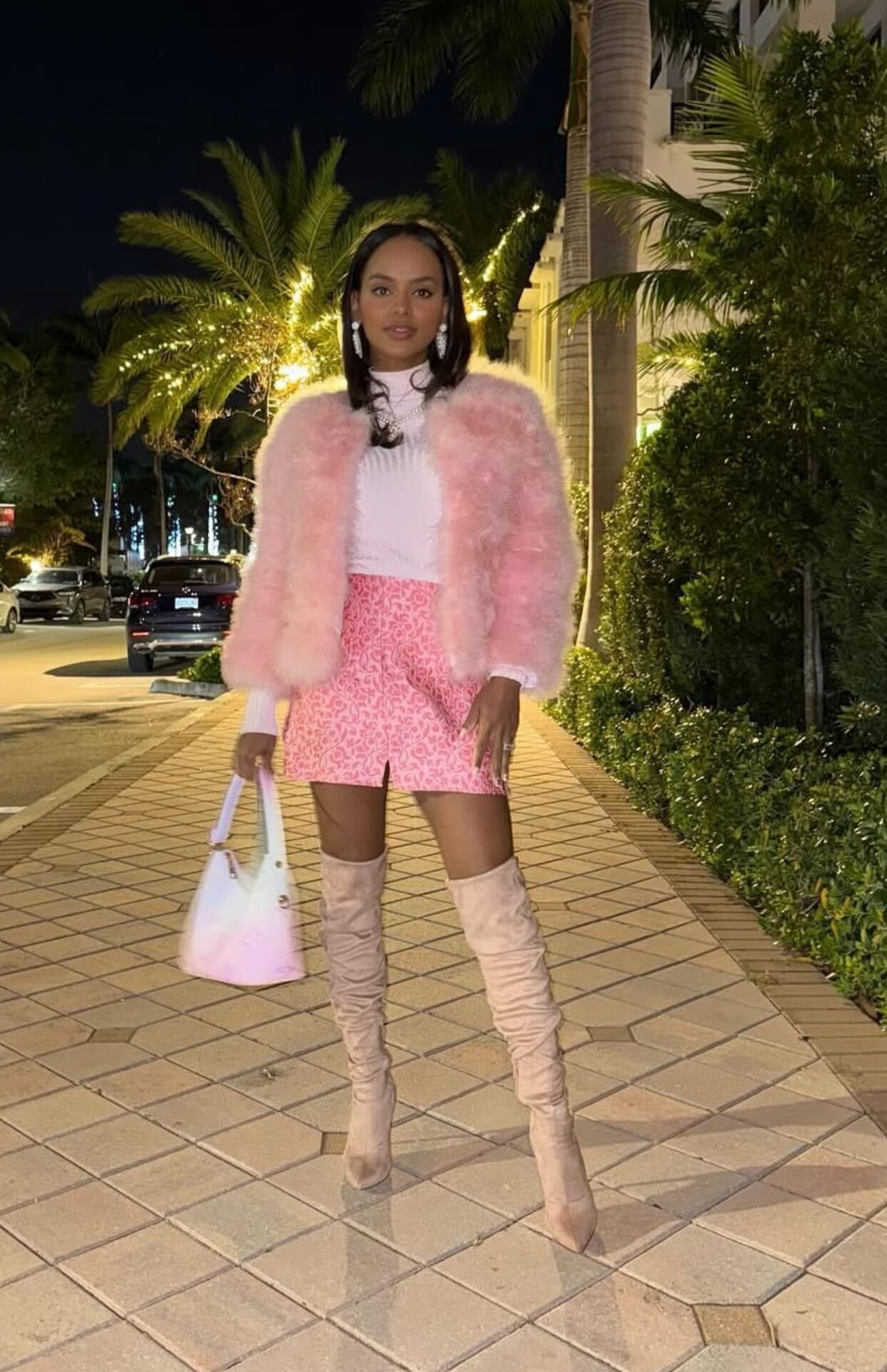 Fluffy Pink Faux Fur Coat Over a White Turtleneck and Mini Skirt — Pink Valentines Outfits 2027