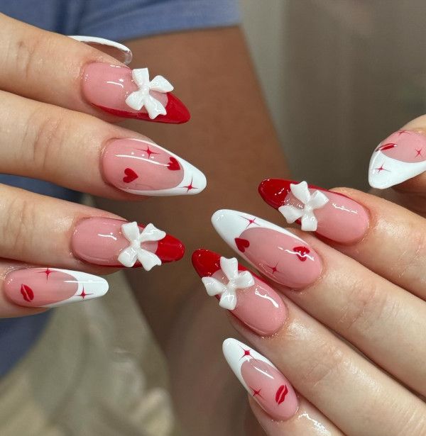 Medium Oval Sheer Pink With Red White Tips And 3D Bows Medium Oval Sheer Pink With Red White Tips And 3D Bows — Bow French Tip Nails 2027