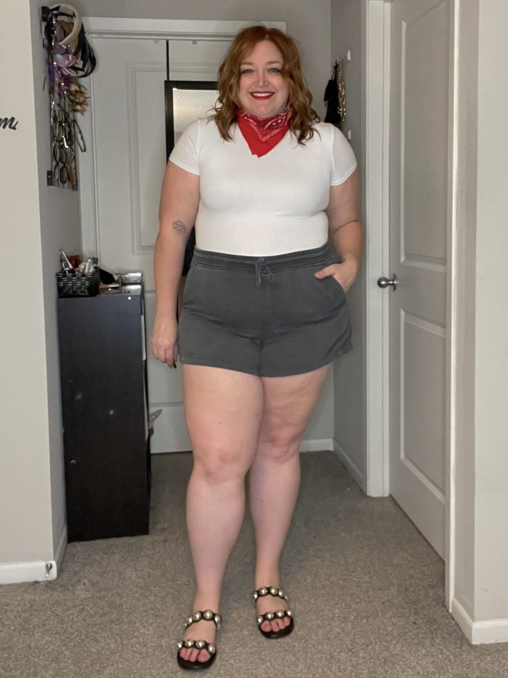 Effortless Cool: Grey Denim Shorts with Bandana Accent Effortless Cool: Grey Denim Shorts with Bandana Accent — Plus Size 4th of July Outfits 2027