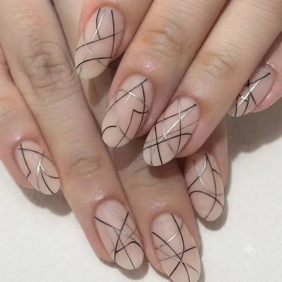 Sheer Nude with Black and Silver Lines Sheer Nude with Black and Silver Lines — Line Art Nails 2027