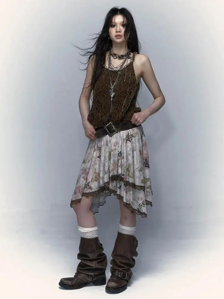 Boho Grunge Ensemble: Floral Skirt, Lace Tank, and Slouchy Boots Boho Grunge Ensemble: Floral Skirt, Lace Tank, and Slouchy Boots — Fairy Grunge Outfits 2027