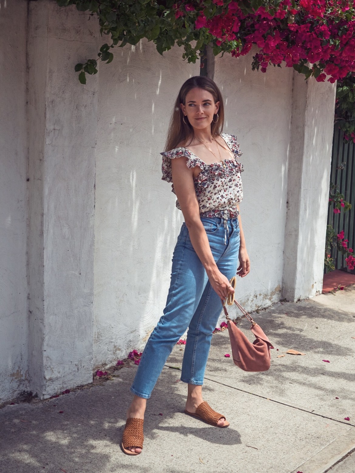 Ruffled Floral Crop Top with Straight Leg Jeans and Suede Bag Ruffled Floral Crop Top with Straight Leg Jeans and Suede Bag — Summer Crop Top Outfits 2027