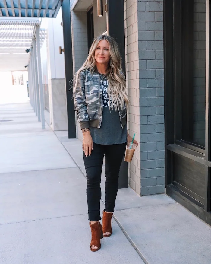 Camouflage Bomber Jacket with Graphic Tee and Skinny Jeans Camouflage Bomber Jacket with Graphic Tee and Skinny Jeans — Arizona Outfits 2027