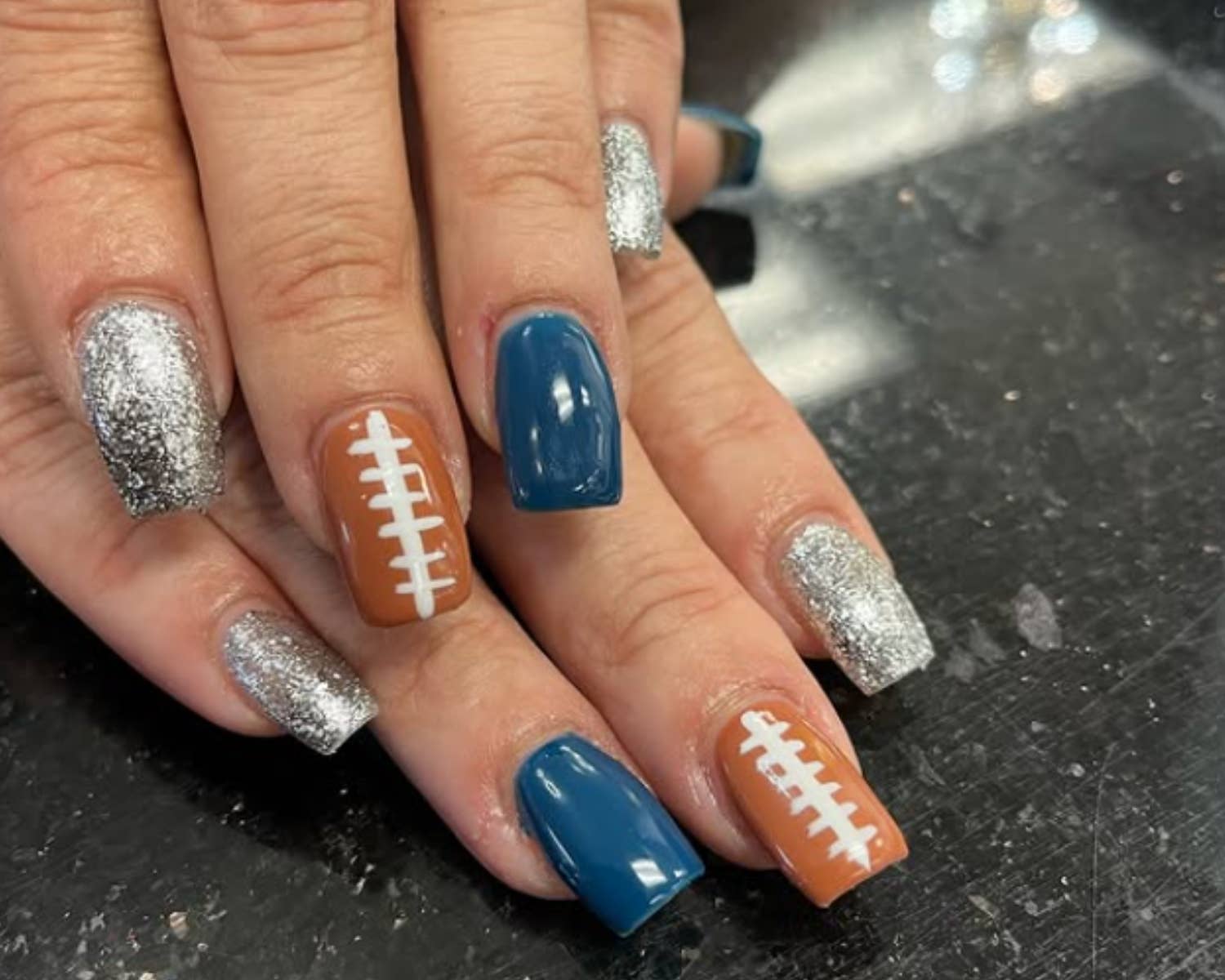 Teal & Silver Glitter Football Nails Teal & Silver Glitter Football Nails — Football Nails 2026