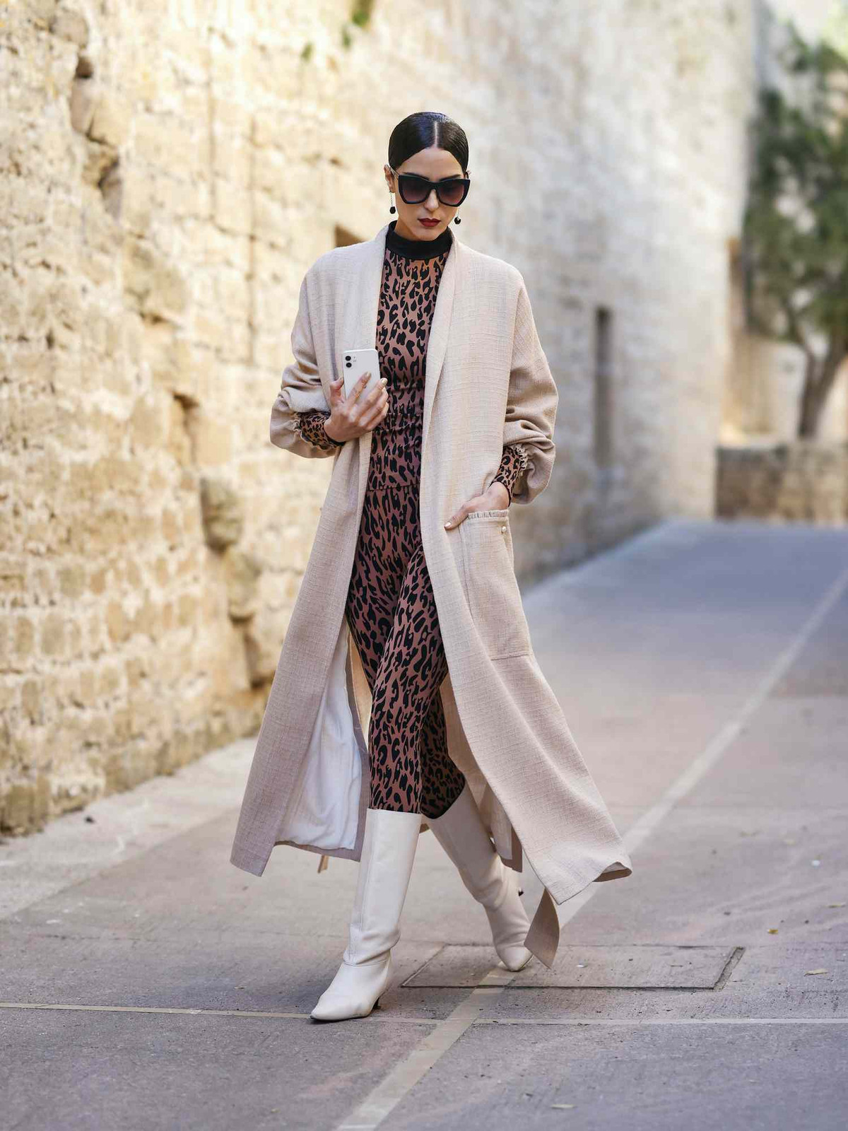 Longline Tweed Coat Over Leopard Print Jumpsuit Longline Tweed Coat Over Leopard Print Jumpsuit — Chilly Spring Outfits 2027