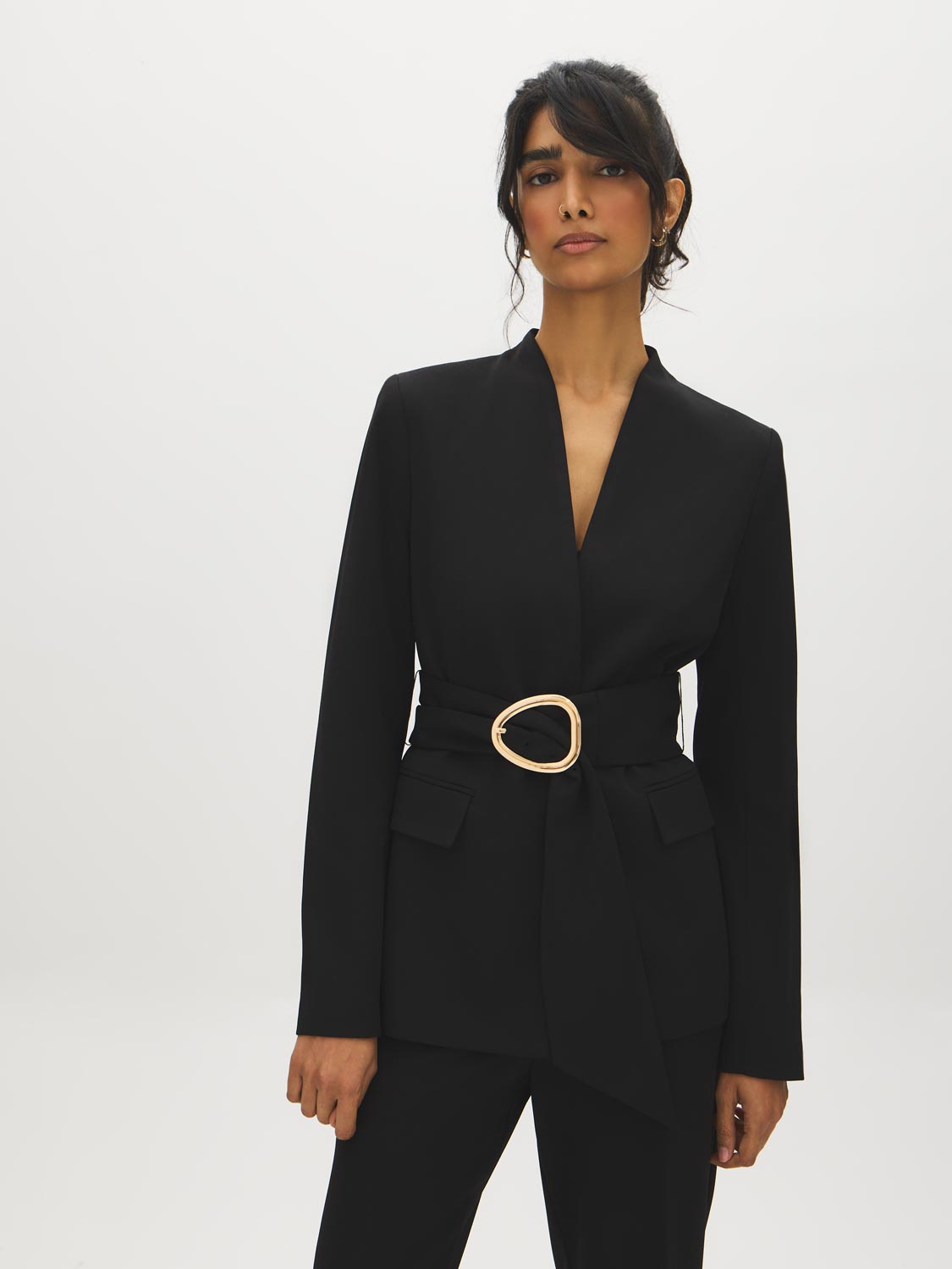 Sharp Black Blazer with an Oversized Gold Buckle Belt — Office Outfits for Women 2027