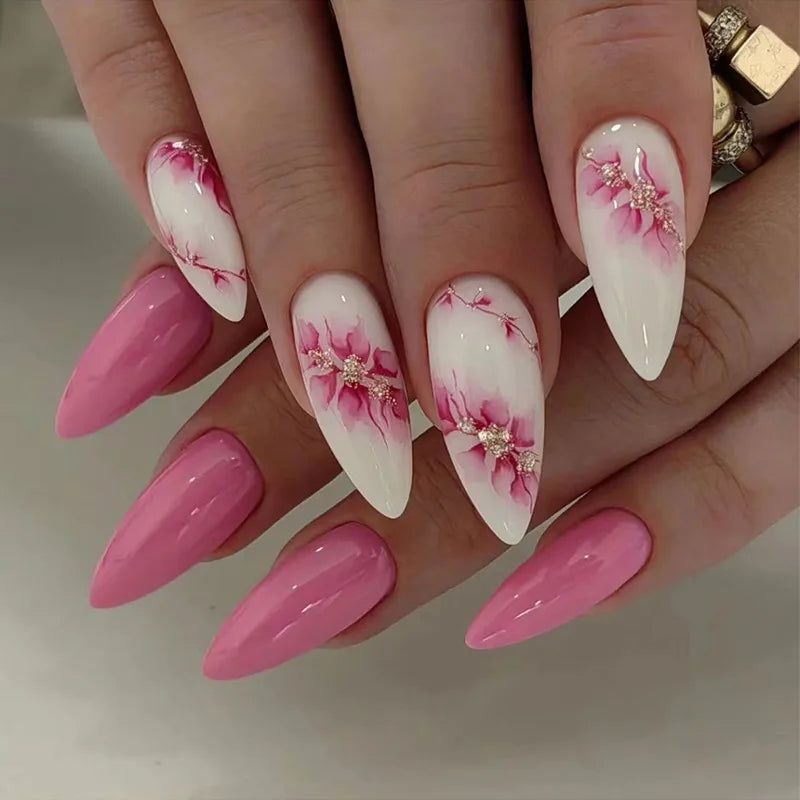 White Pink Gradient Glitter Floral Stilettos White Pink Gradient Glitter Floral Stilettos — Long Floral Nails 2027