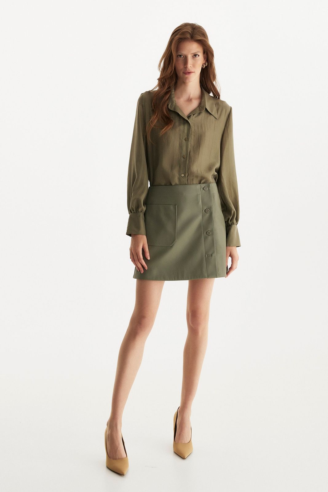 Olive Green Faux Leather A-Line Mini Skirt with Matching Button-Up Shirt Olive Green Faux Leather A-Line Mini Skirt with Matching Button-Up Shirt — Olive Green Mini Skirt Outfits 2027