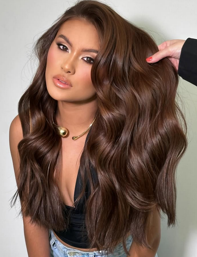 Chocolate Brown With Caramel Ribbons Chocolate Brown With Caramel Ribbons — True Winter Hair Color 2027