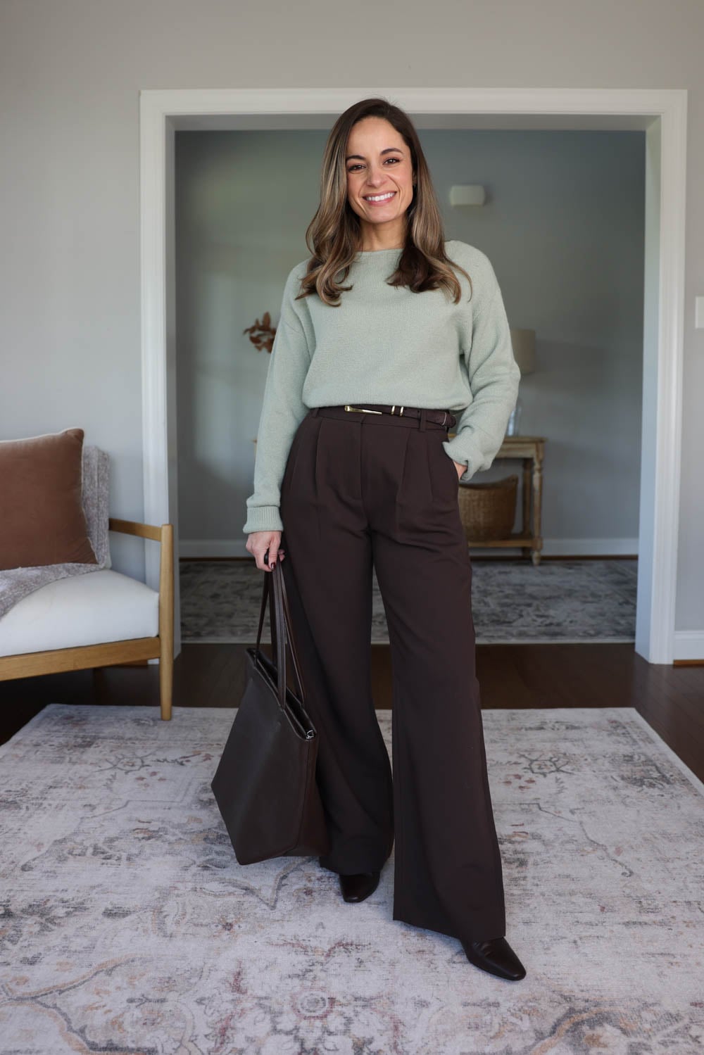 Pale Green Sweater with Dark Brown Wide-Leg Trousers Pale Green Sweater with Dark Brown Wide-Leg Trousers — Winter Office Outfits 2027
