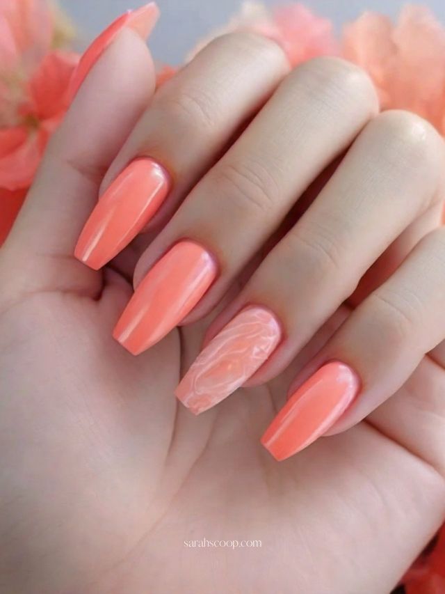 Glossy Coral with White Pink Floral Art — Coral Coffin Nails 2027