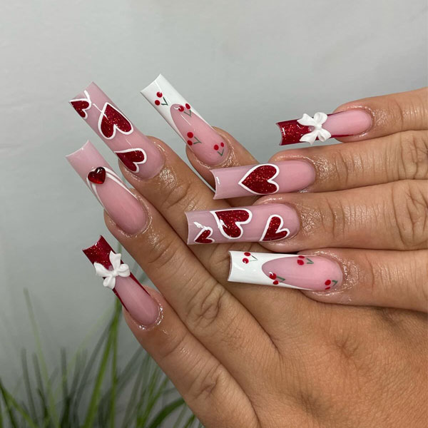 Red French Tip Heart Bow Gem Square Nails Red French Tip Heart Bow Gem Square Nails — Valentines Coffin Nails 2027