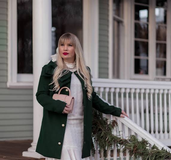 Forest Green Coat Over White Lace Dress for Christmas — Green Christmas Outfits 2026