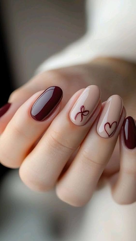 Burgundy and Nude with Bow and Heart Accents Burgundy and Nude with Bow and Heart Accents — Professional Nails 2027
