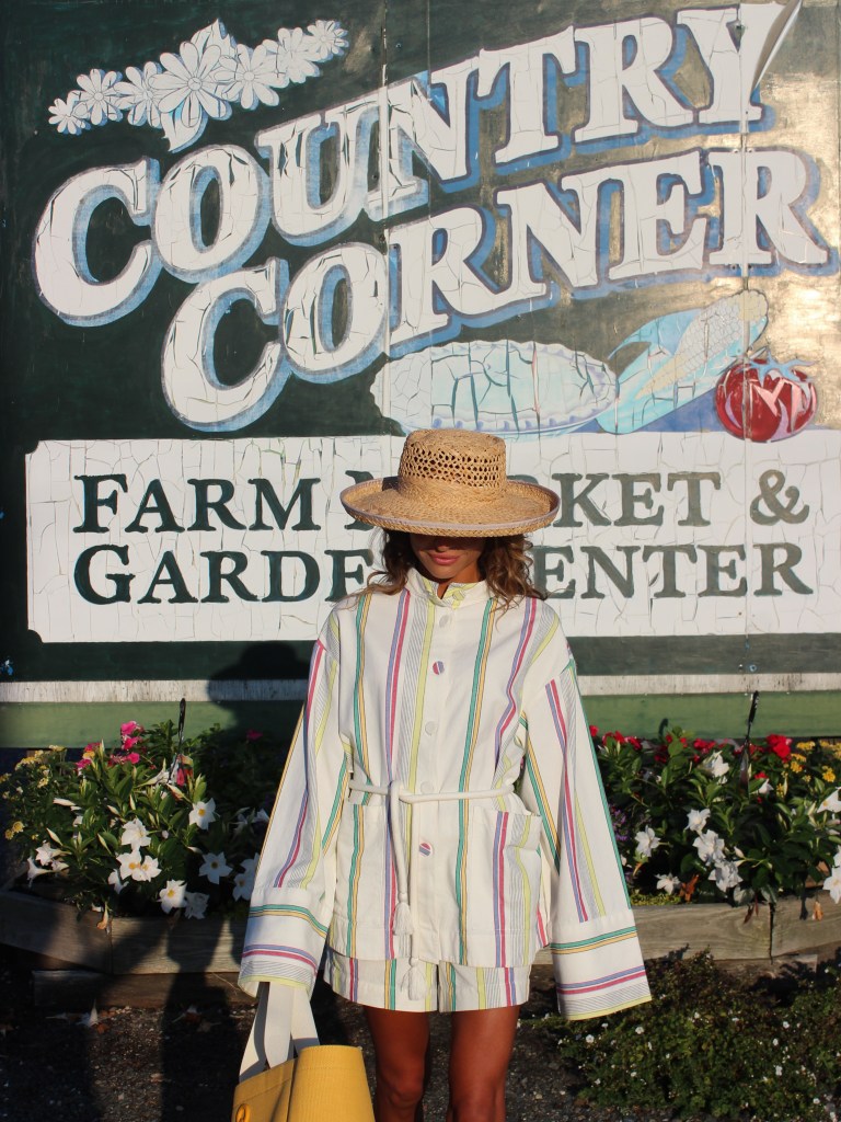 Striped Belted Jacket and Wide-Leg Trousers for Outdoor Markets Striped Belted Jacket and Wide-Leg Trousers for Outdoor Markets — Farm Outfits 2027