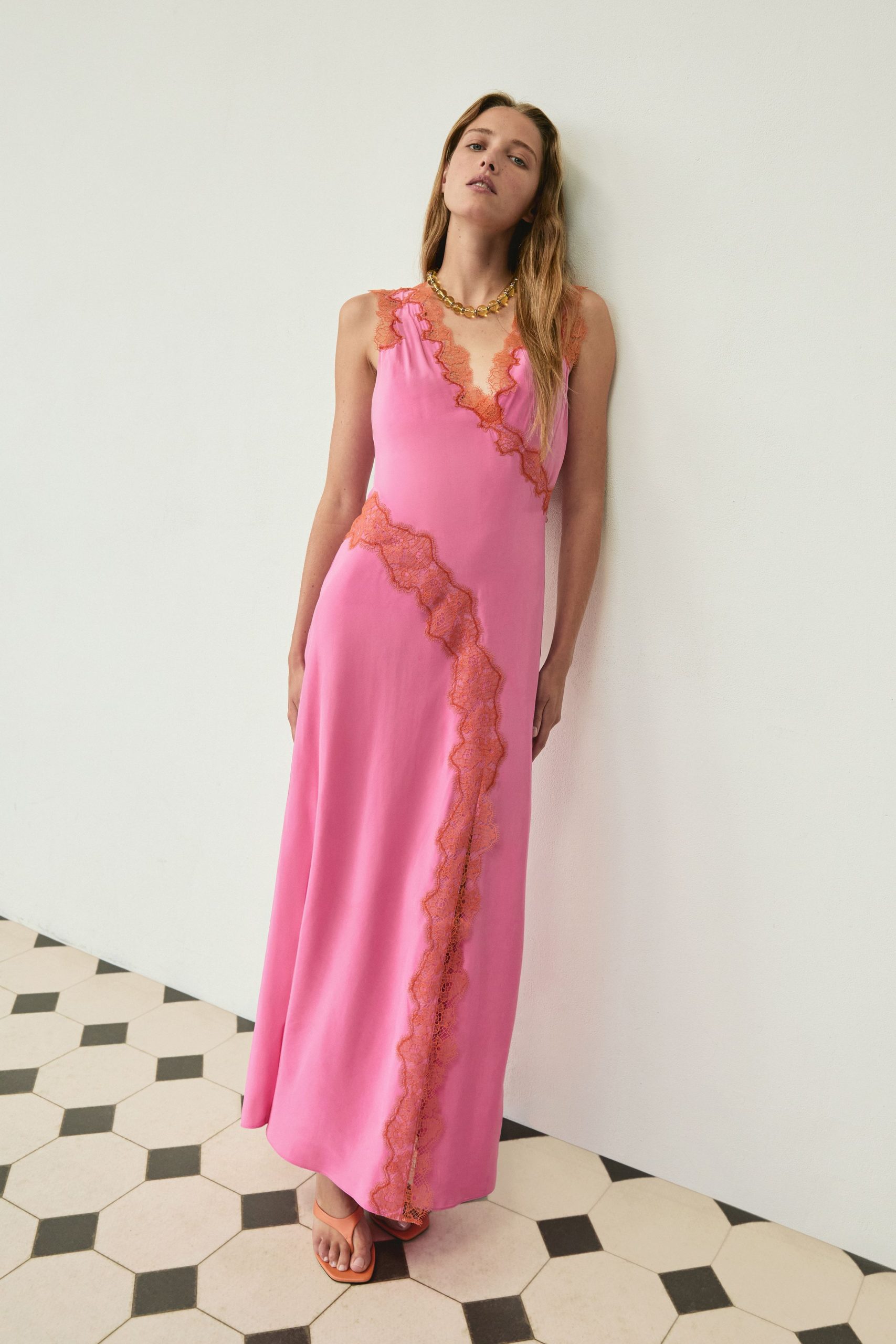 Pink Maxi Slip Dress with Orange Lace Trim for Evening — Pink Outfits 2027