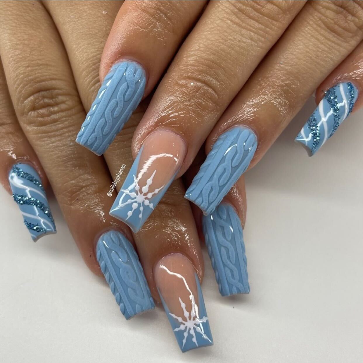 Light Blue Matte Cable Knit Long Squares Light Blue Matte Cable Knit Long Squares — Blue Christmas Nails 2026