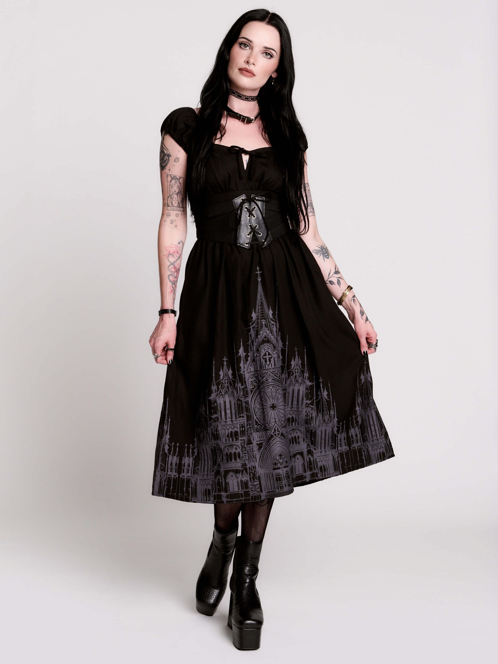 Cathedral Print Midi Dress with Corset Waist Detail Cathedral Print Midi Dress with Corset Waist Detail — Dark Romantic Outfits 2027