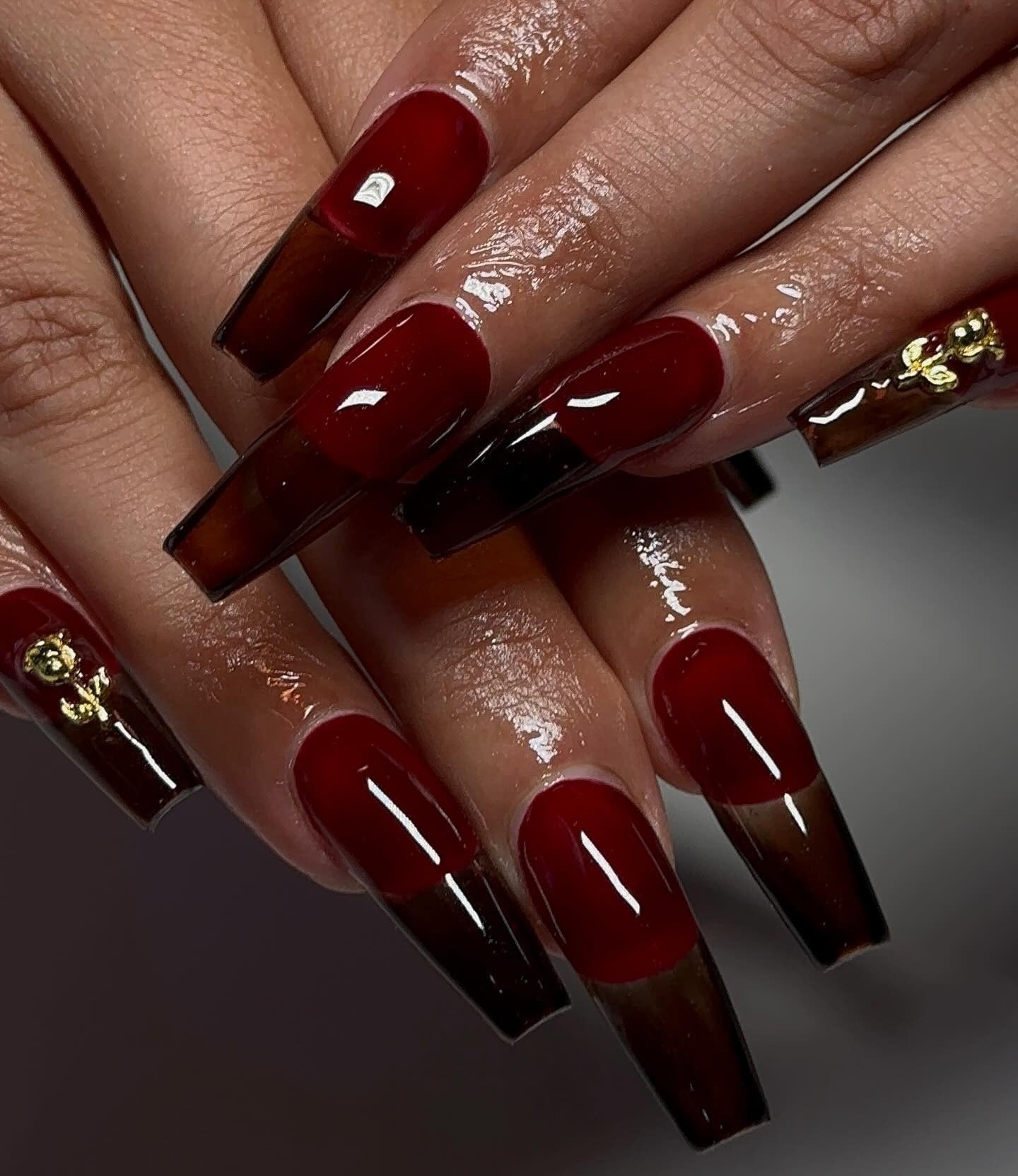 Two-Tone Red to Brown Gradient with Charms — Long Coffin Nails 2027