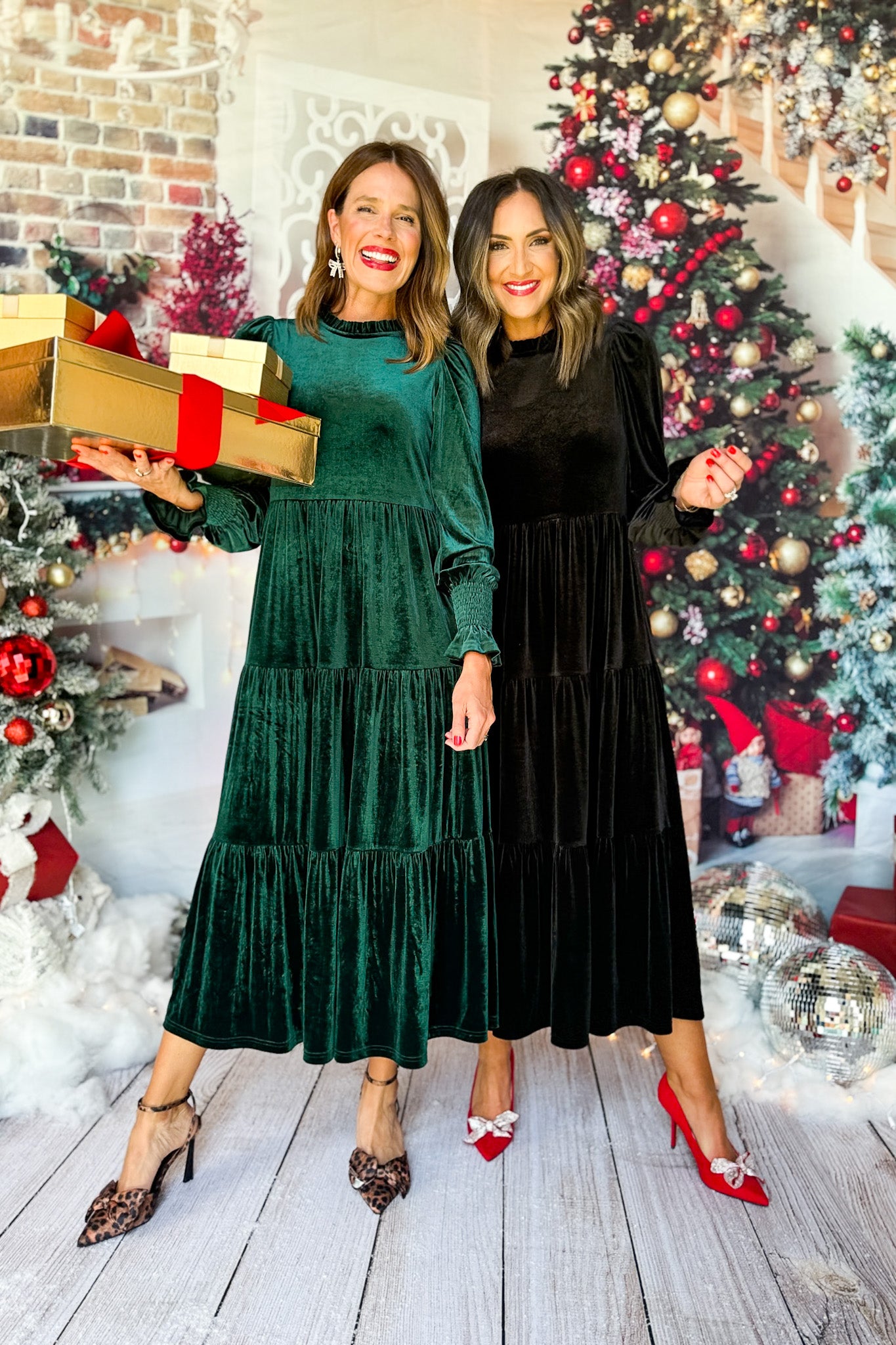 Emerald Green and Black Velvet Tiered Dresses Emerald Green and Black Velvet Tiered Dresses — Christmas Party Outfits 2026