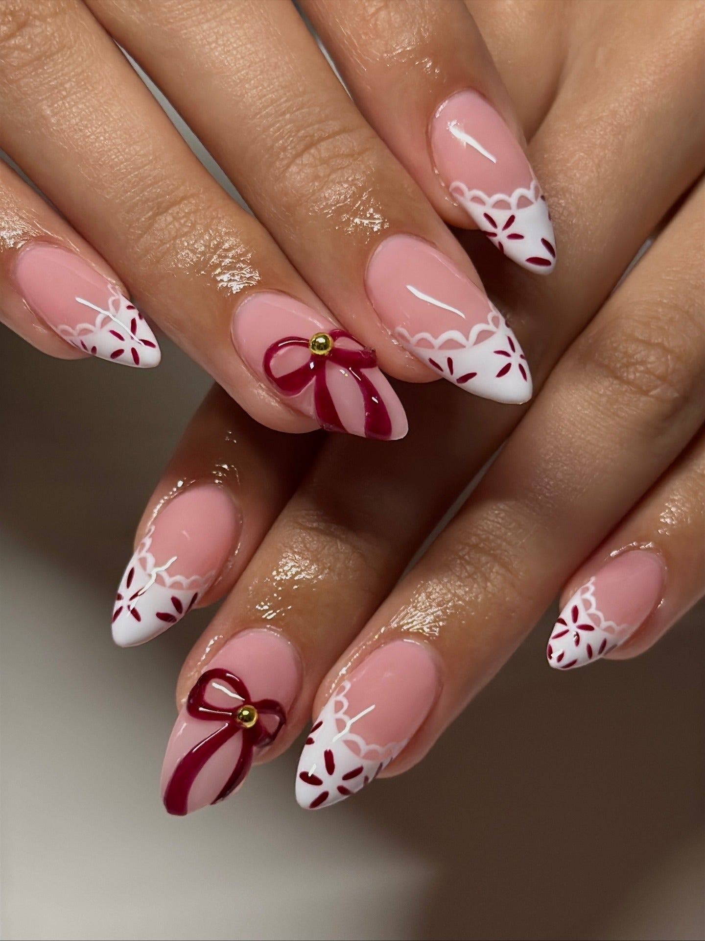 Medium Stiletto Pink with Lace Tips & Dark Red Bows — Pink Bow Nails 2027