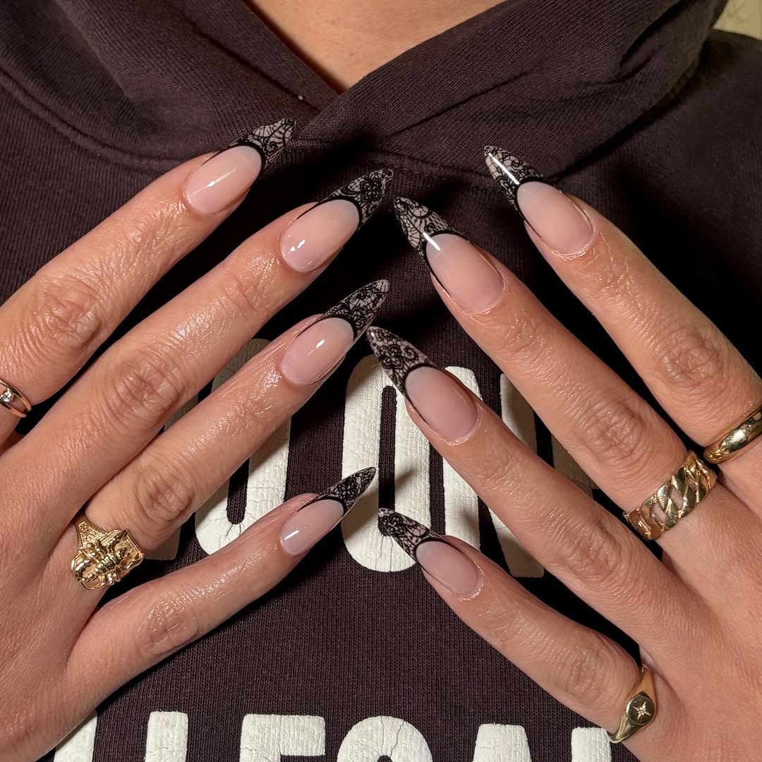 Lace-Inspired Black French Tip Stilettos Lace-Inspired Black French Tip Stilettos — Nails 2027 for Black Dress