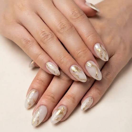 Off-White Almond Nails with Gold Marble — Winter Oval Nails 2027