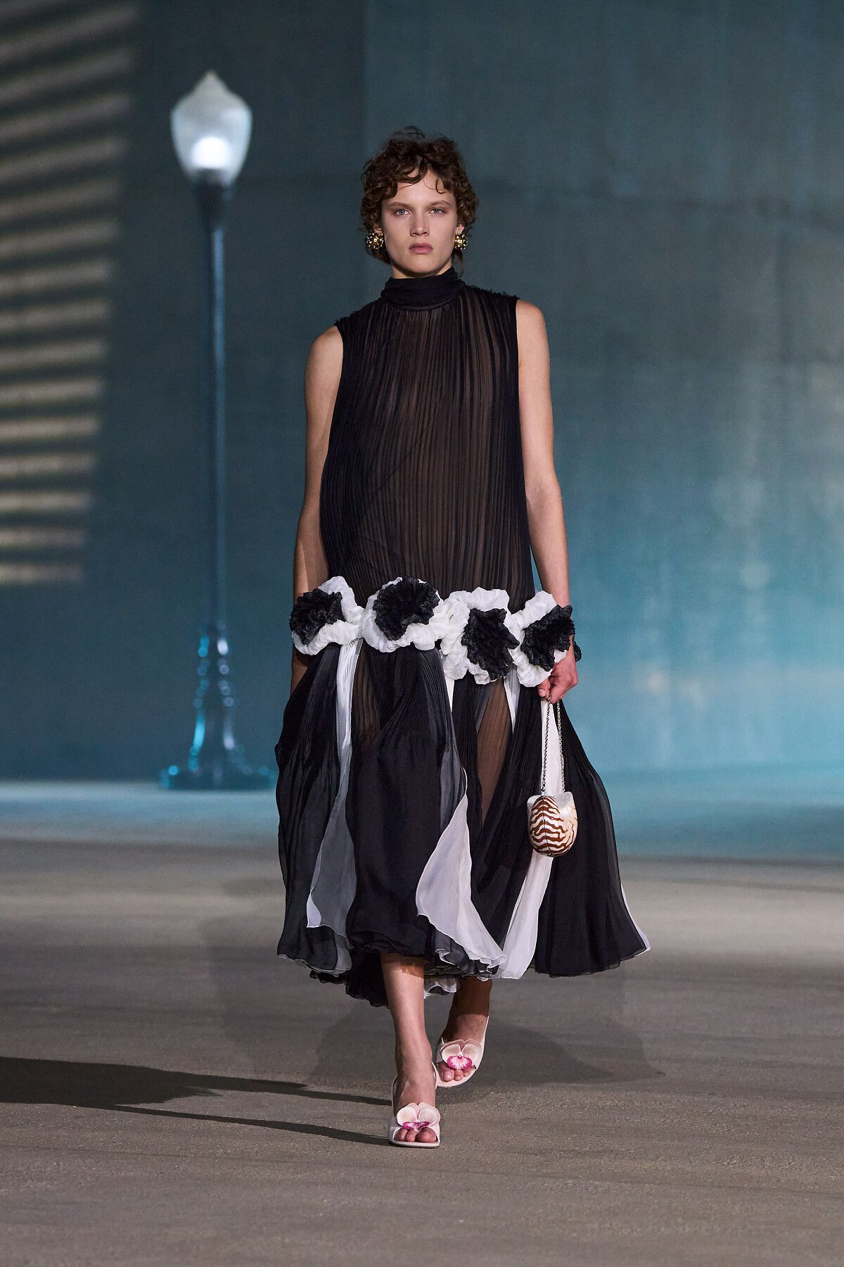 Sheer Black and White Trapeze Dress with Floral Accents — Cruise Outfits 2027