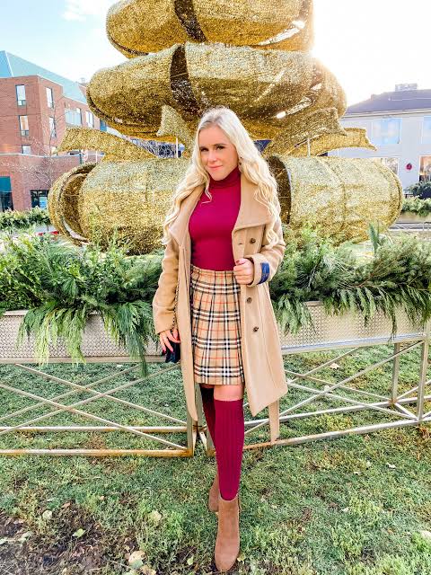 Elegant Plaid Pleated Skirt with a Camel Coat — Plaid Christmas Outfits 2026
