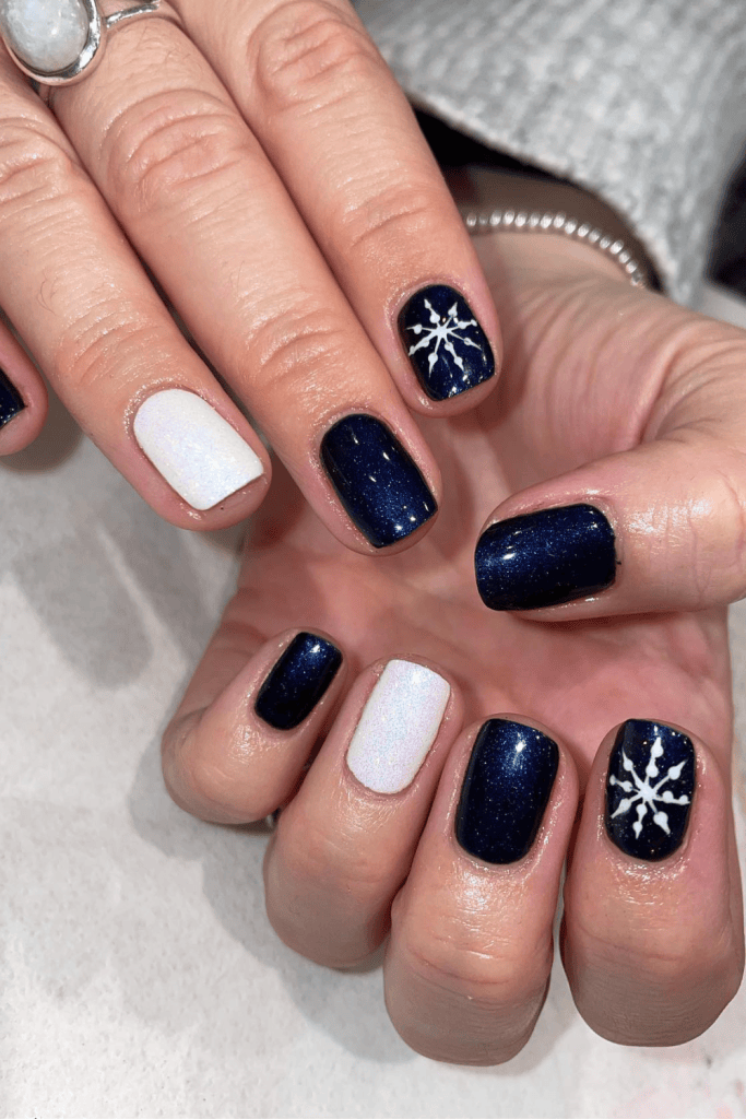 Short Square Navy Blue White Snowflake Nails Short Square Navy Blue White Snowflake Nails — Winter Black Nails 2027
