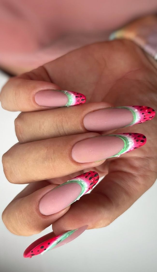 Watermelon French Tips on Matte Nude Watermelon French Tips on Matte Nude — Watermelon Nails 2027