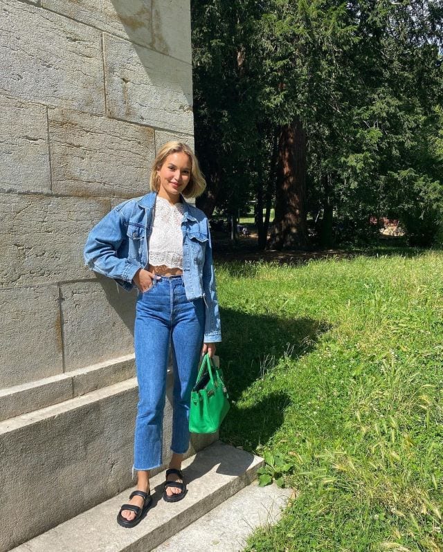 Denim Jacket and Green Bag for a Pop of Color on Errands Denim Jacket and Green Bag for a Pop of Color on Errands — Errands Outfits 2027