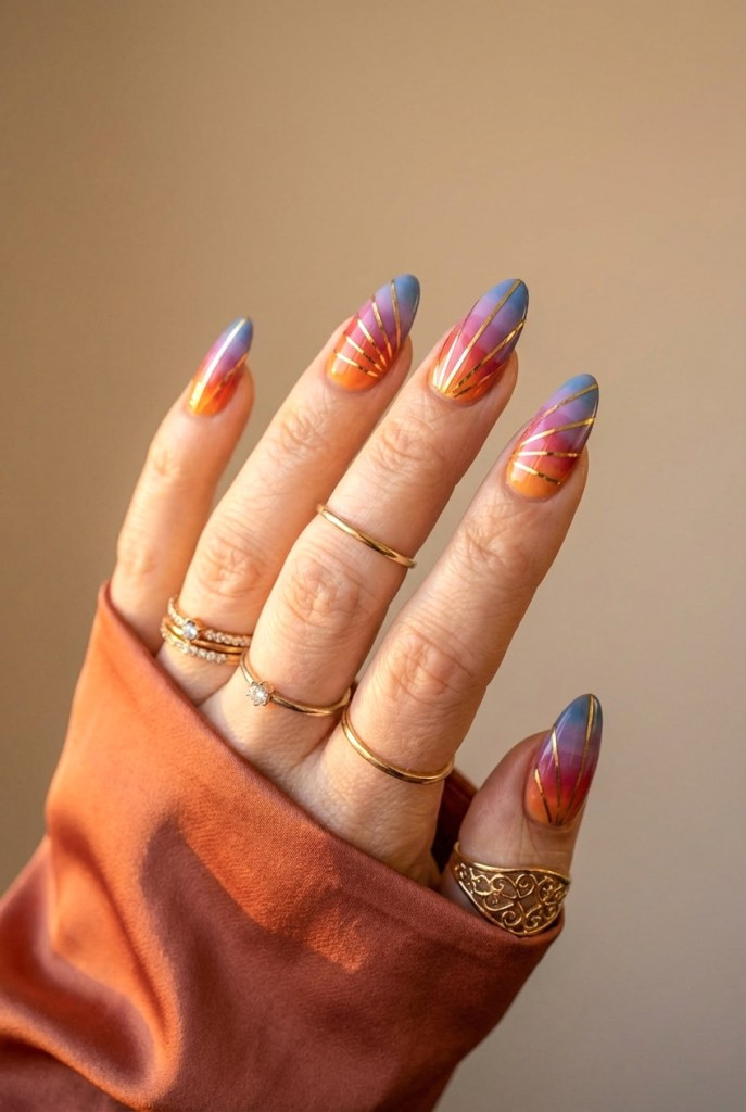 Long Almond Gradient with Gold Sunbursts Long Almond Gradient with Gold Sunbursts — Pink and Orange Sunset Nails 2027
